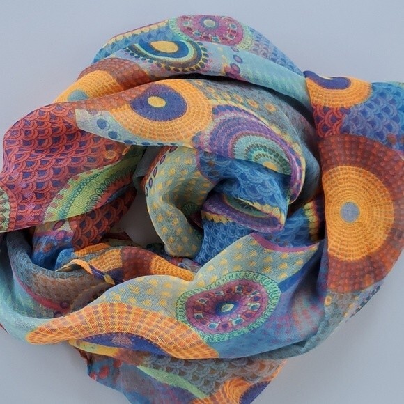 ABSTRACT PRINT SCARF MULTICOLOR SPRING BRIGHT ARTSY GEOMETRIC FUNKY BOHO - Picture 6 of 6